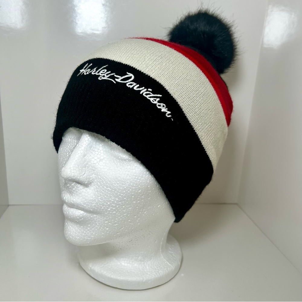 NWOT Harley-Davidson Black & Red Striped Pom Colorblock Beanie Hat, One Size - Picture 1 of 8